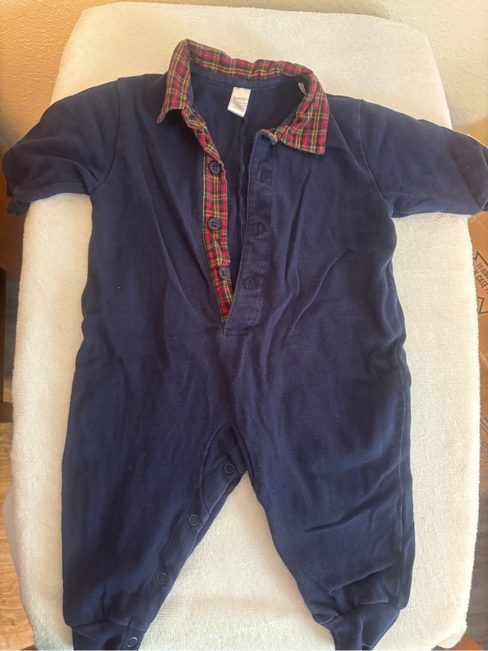 Vintage Lands End Navy Plaid-Trim Baby One-Piece Romper 100% cotton